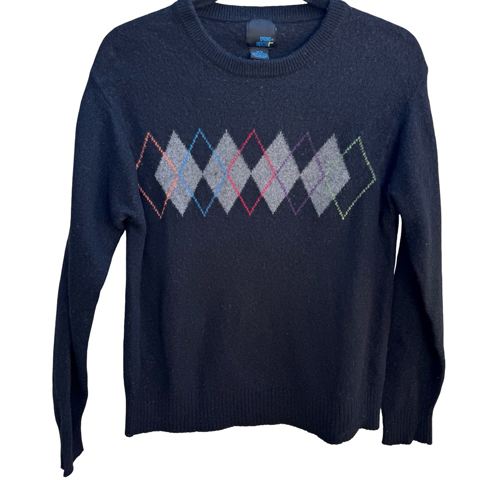 Spring + Mercer 100% Cashmere Luxury Preppy Argyle Crewneck Sweater Black Mens M